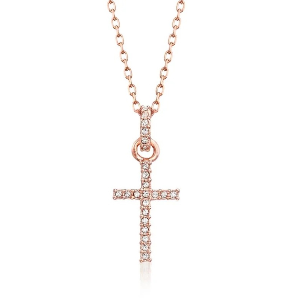Swarovski Crystal "Mini Cross" Pave Crystal Pendant Necklace in Rose Gold Plate
